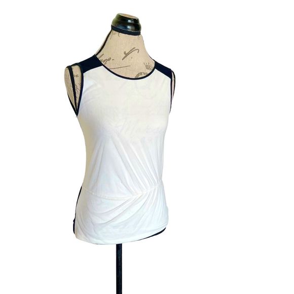 Ann Taylor Womens Blouse Top Sz XS Sleeveless Mesh Ivory Black Stretch Cocktail - Picture 2 of 12